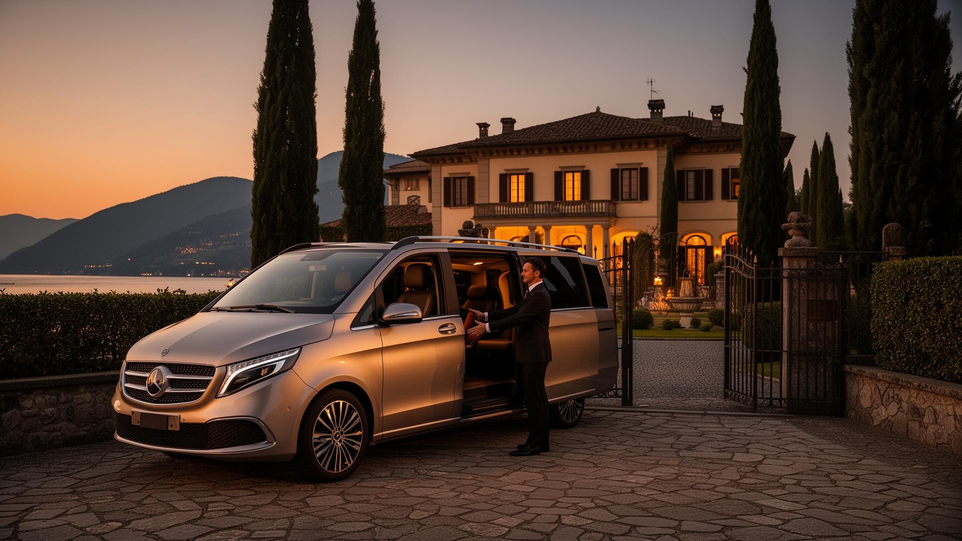 Chauffeur opening a Mercedes V-Class door at a lakeside villa at dusk
